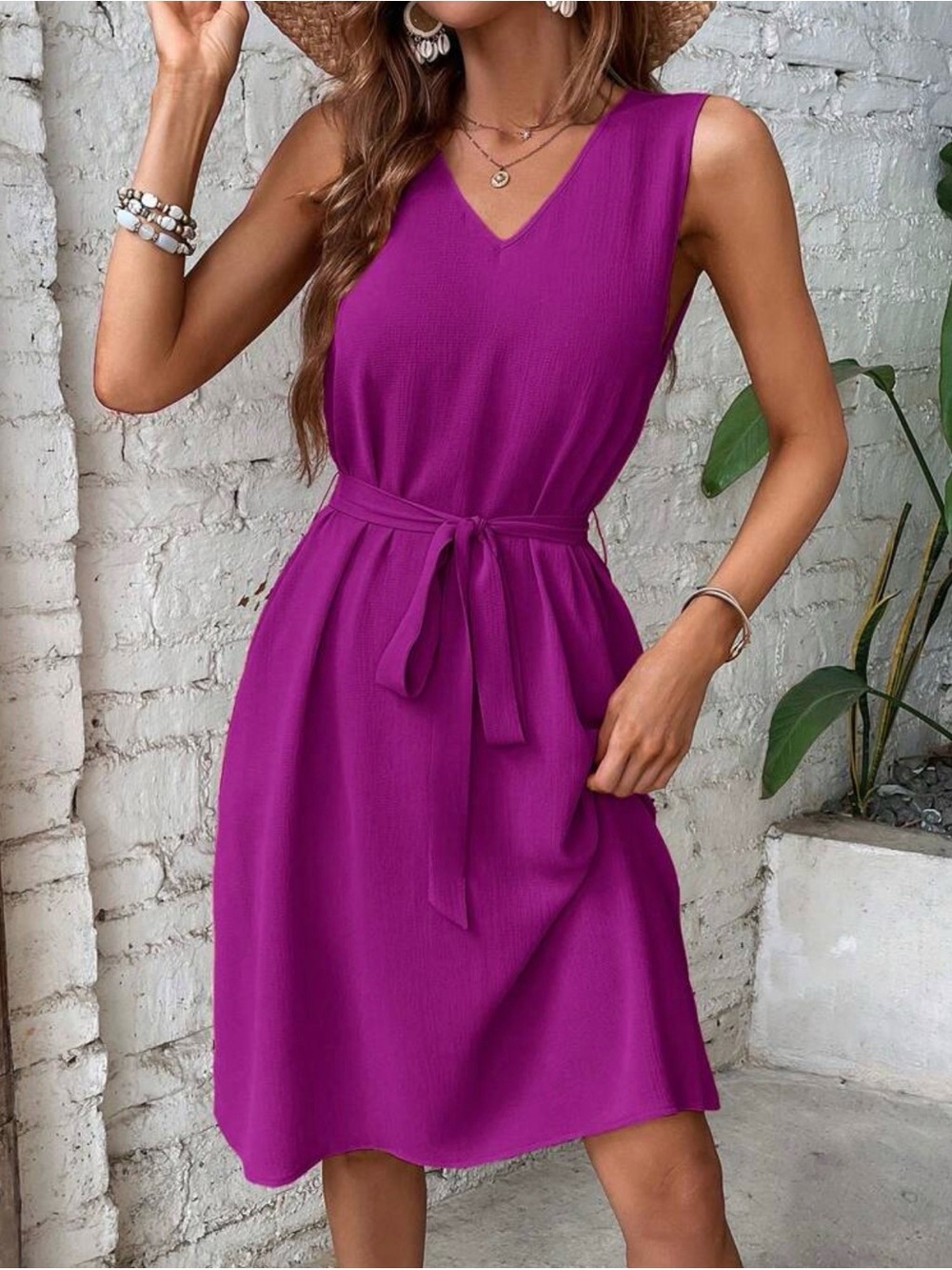 Emery Rose Magenta Sleeveless V-Neck Tie-Waist Dress